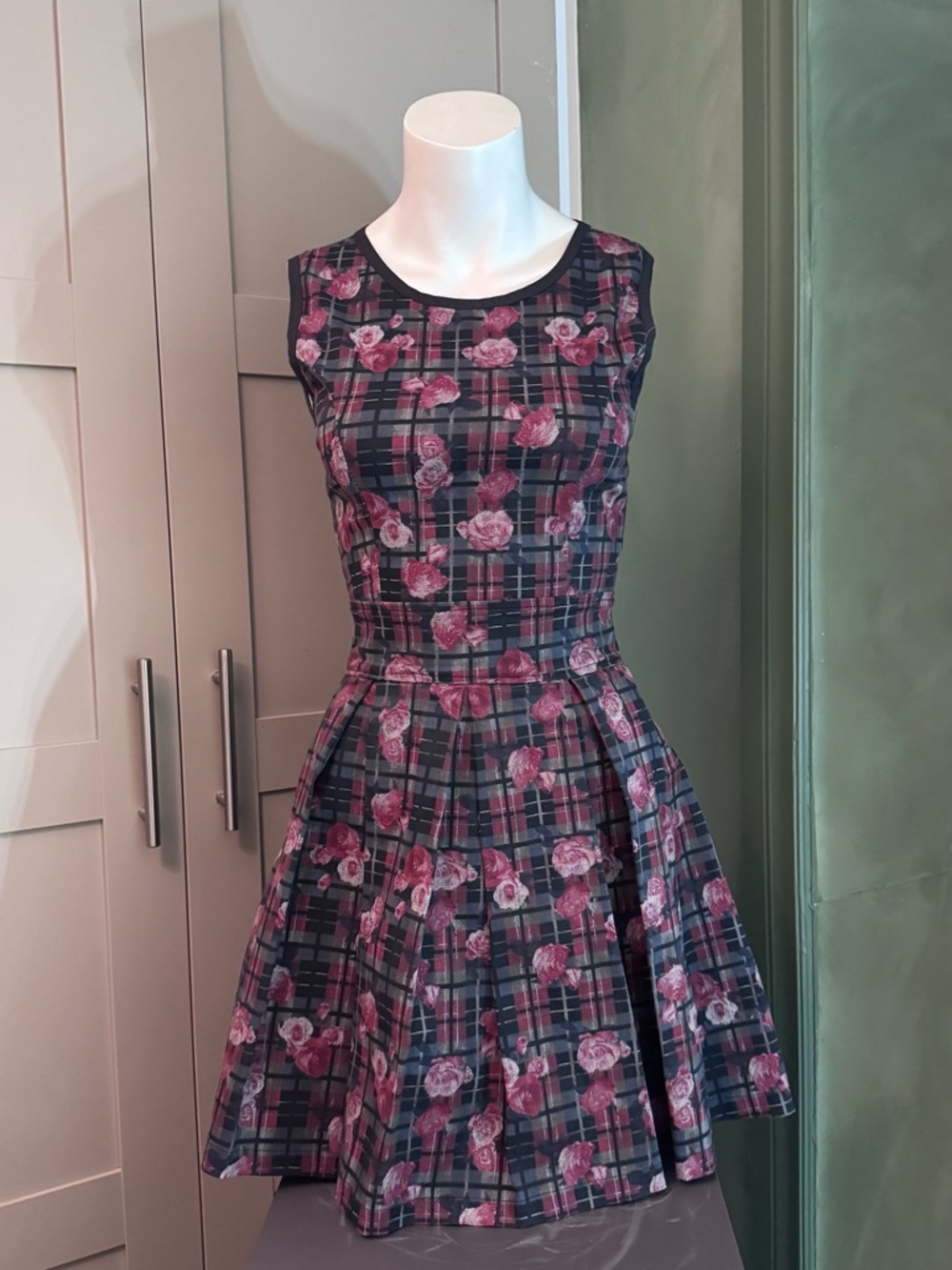 Floral Plaid Fit-and-Flare Dress in Pink
